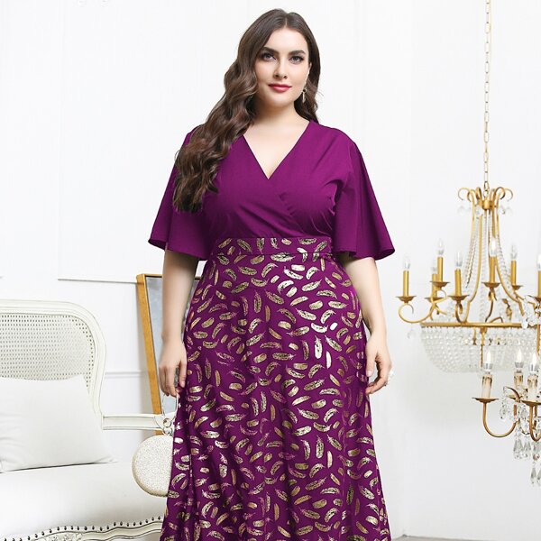 

Plus Feather Print Surplice Front Prom Dress, Purple