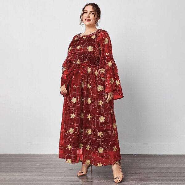 

Plus Floral & Geo Print Flounce Sleeve Belted Dress, Burgundy