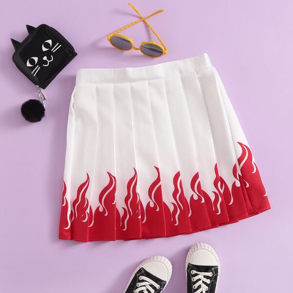 

Girls Fire Print Pleated Skirt, White