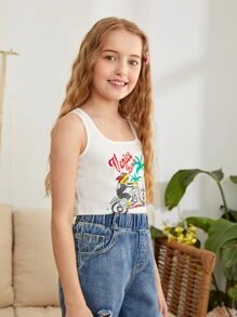 SHEIN Girls Letter & Plant Print Tank Top - White - View 4