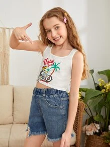 SHEIN Girls Letter & Plant Print Tank Top - White - View 1