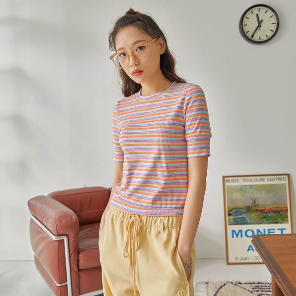 

Striped Round Neck Tee, Multicolor