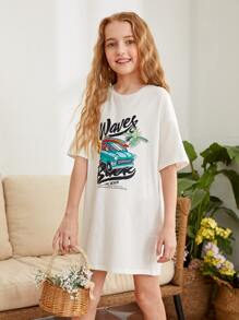 SHEIN Girls Letter & Car Print Dress - White - View 4