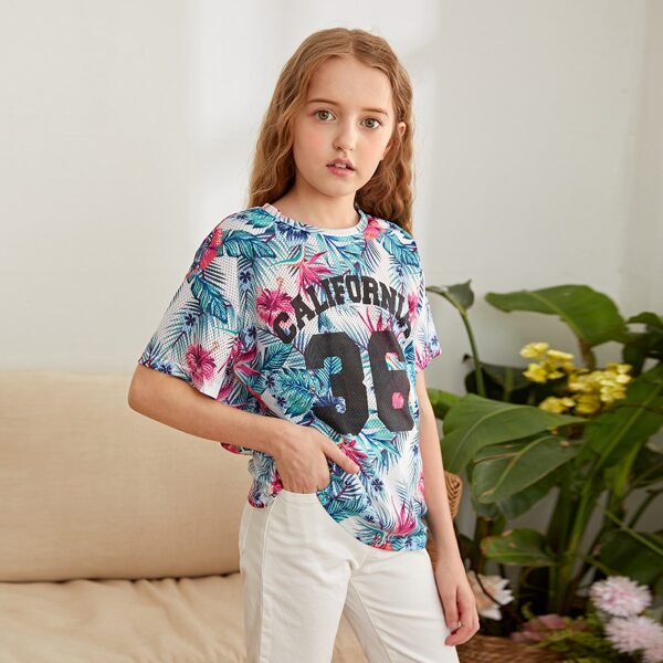 

Girls Drop Shoulder Letter & Tropical Print Tee, Multicolor