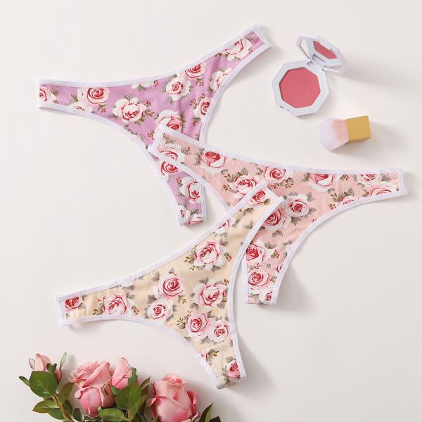 

3pack Floral Print Thong Set, Multicolor