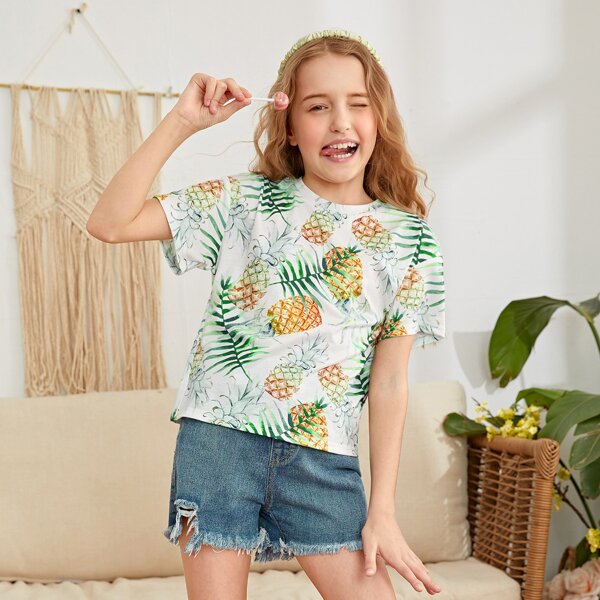 

Girls Jungle Leaf & Pineapple Print Tee, Multicolor