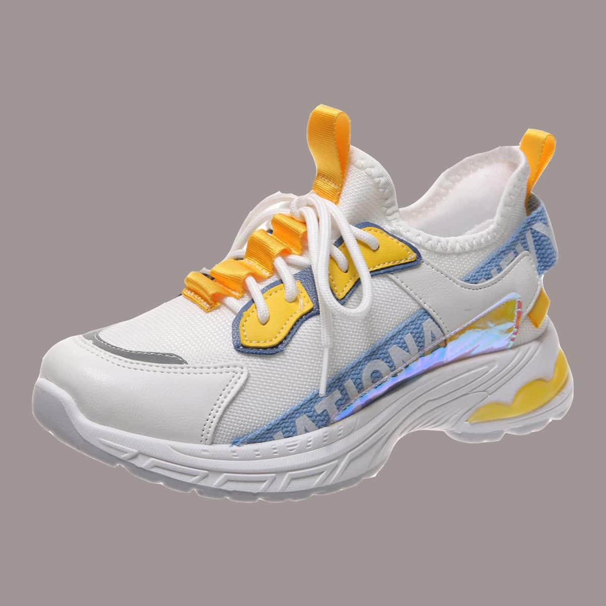 

Letter Tape Lace-up Mesh Chunky Sneakers, Yellow