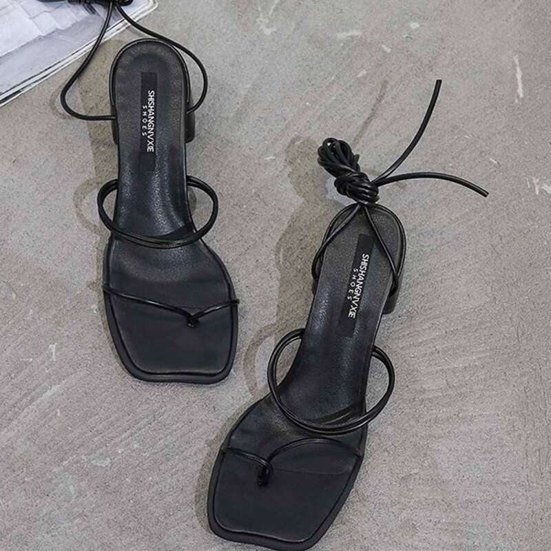 

Tie Leg Chunky Heeled Sandals, Black