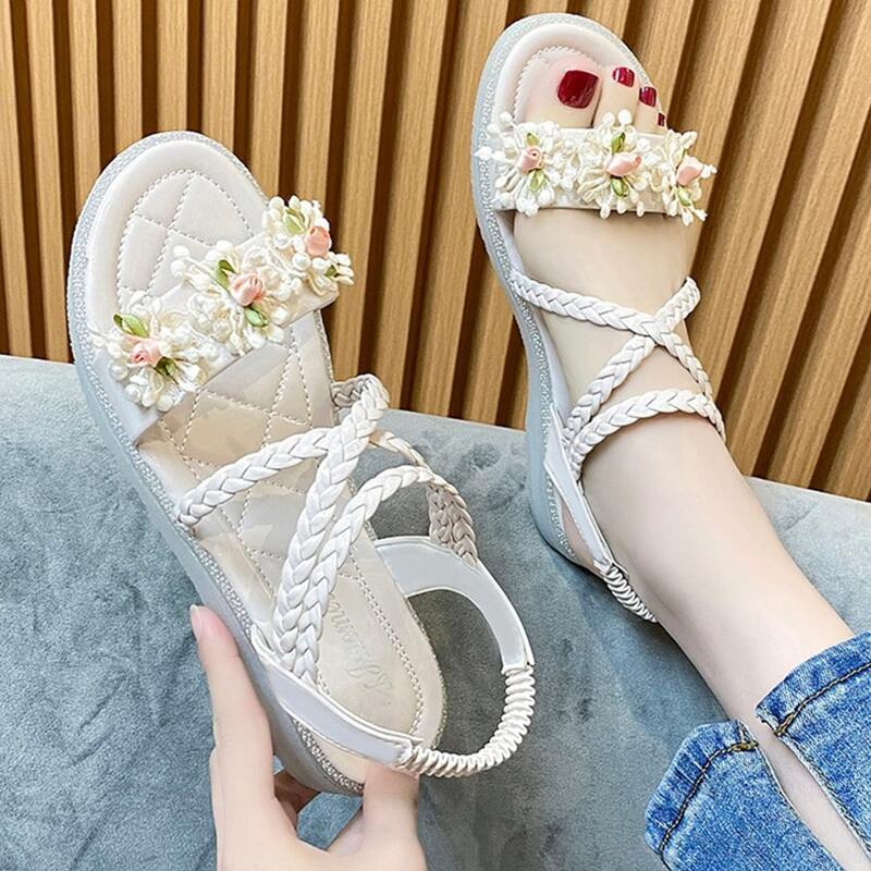 

Floral Braided Strap Sandals, Beige