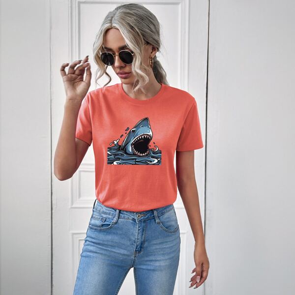 

Shark Print Round Neck Tee, Orange