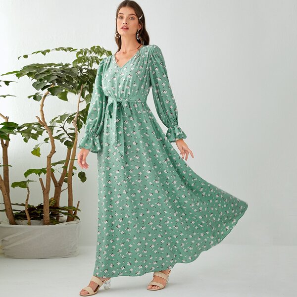 

с оборками Со цветочками Бохо Арабские платья, Зелёный