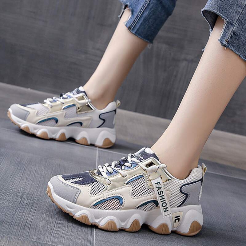 

Lace-up Mesh Chunky Sneakers, Beige