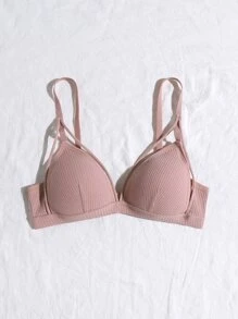 Women Dusty Pink Ribbed Fabric Bralette High Stretch Backless Casual Bra - Dusty Pink - View 3