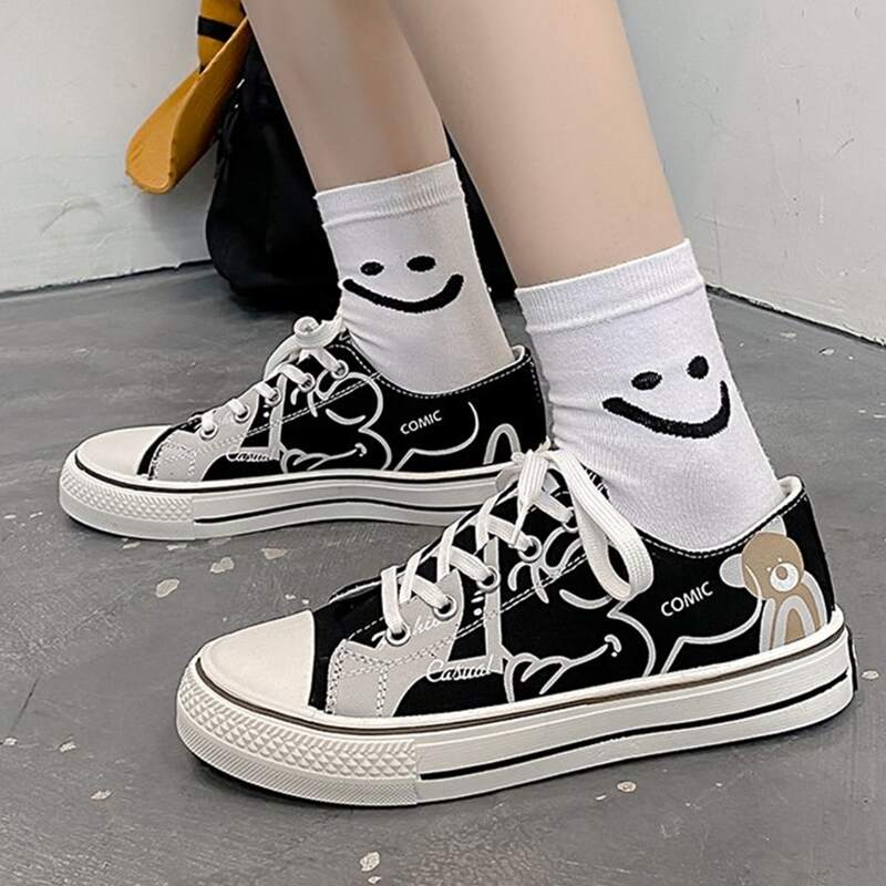 

Cartoon Bear Lace-up Canvas Sneakers, Black