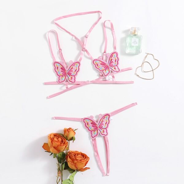 

Butterfly Appliques Criss Cross Lingerie Set, Baby pink