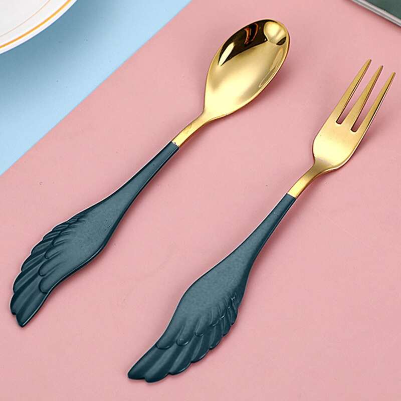 

2pcs Wing Design Spoon & Fork Set, Dark green