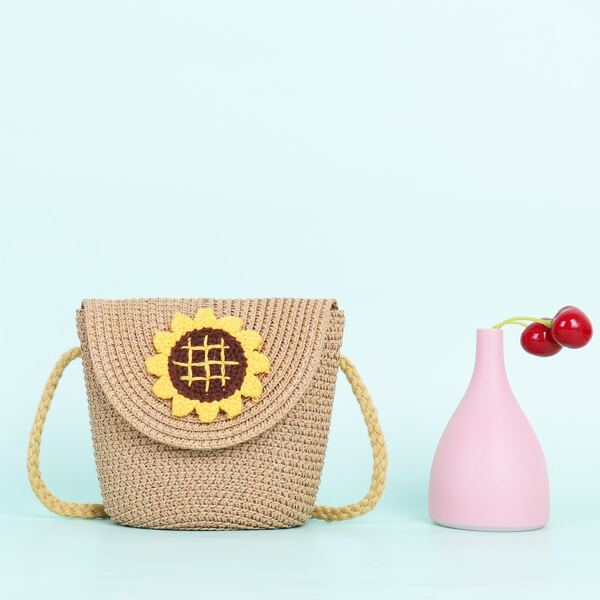 

Girls Applique Straw Crossbody Bag, Brown