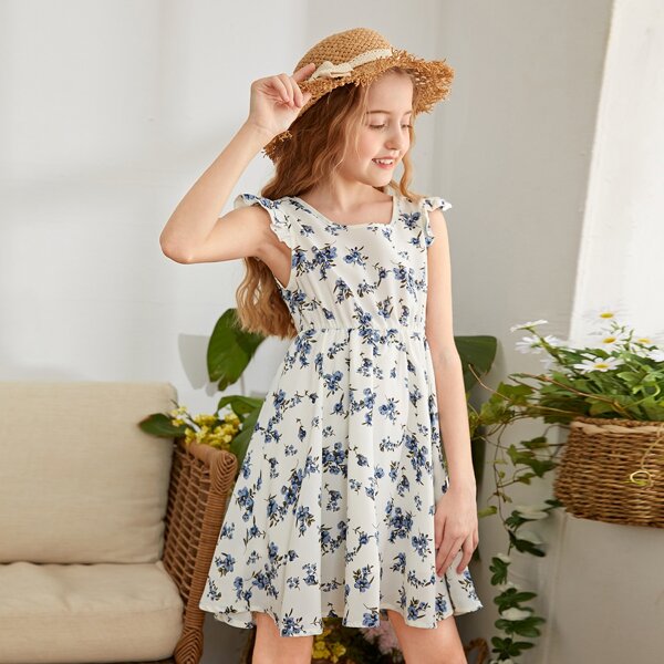 

Girls Ruffle Armhole Floral Print Dress, Multicolor