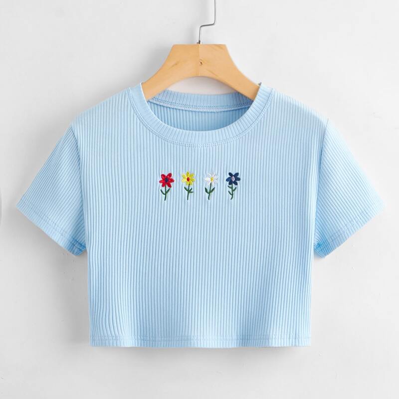 

Floral Embroidery Ribbed Crop Tee, Blue