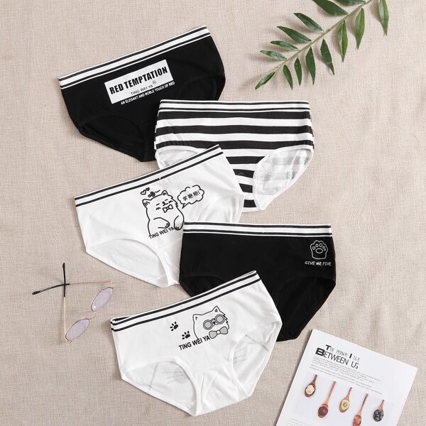 

5pack Cartoon Graphic Panty Set, Black and white