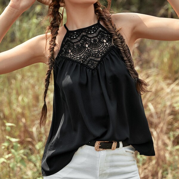 

Lace Insert Tie Back Halter Top, Black