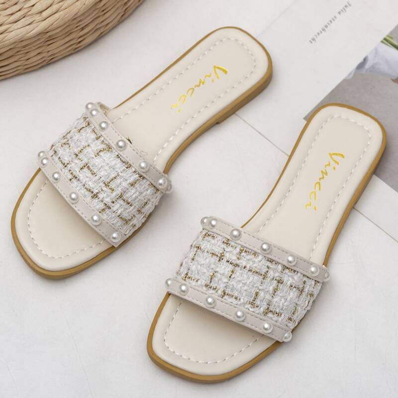 

Faux Pearl Plaid Slide Sandals, Beige