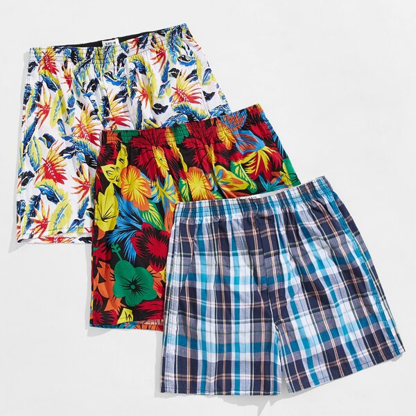 

Men 3 Pack Tropical And Plaid Print Pajama Shorts, Multicolor