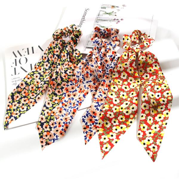 

3pcs Floral Print Scarf Hair Tie, Multicolor