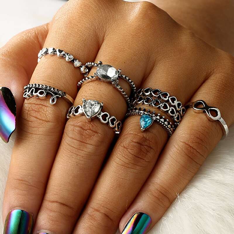

8pcs Rhinestone Decor Ring, Silver
