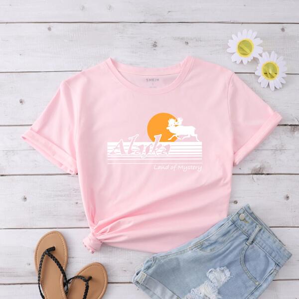 

Letter Graphic Crew Neck Tee, Baby pink