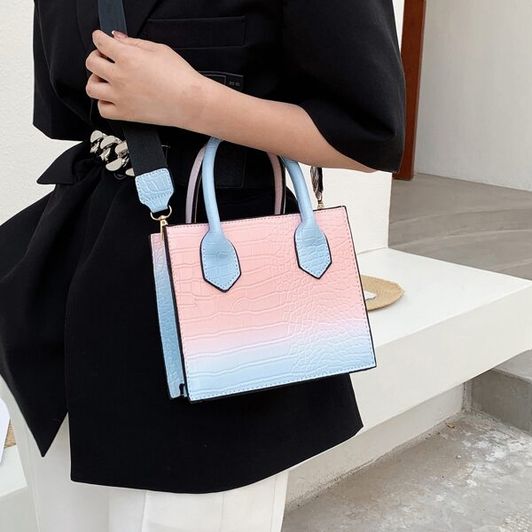 

Ombre Croc Embossed Satchel Bag, Pink