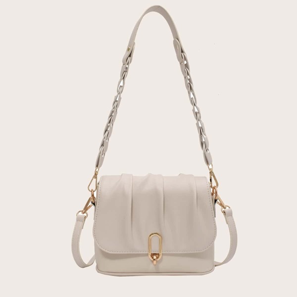 

Metal Lock Ruched Shoulder Bag, Beige