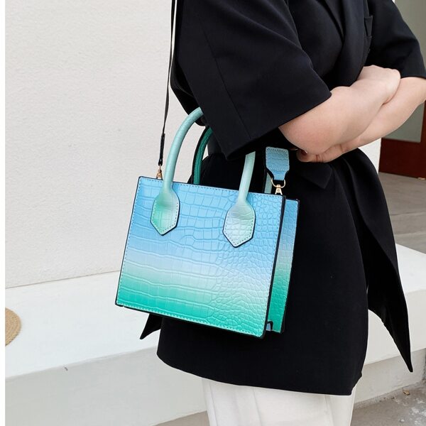 

Ombre Croc Embossed Satchel Bag, Green