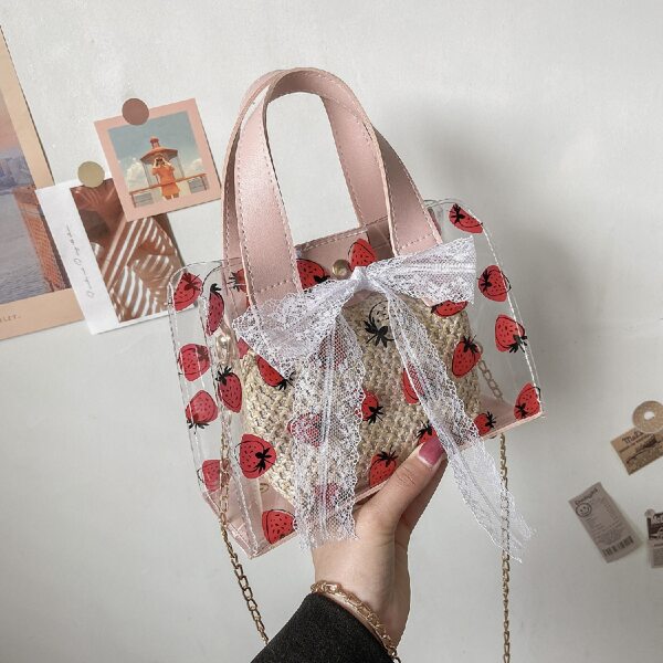 

Clear Strawberry Graphic Satchel Bag With Inner Pouch, Baby pink