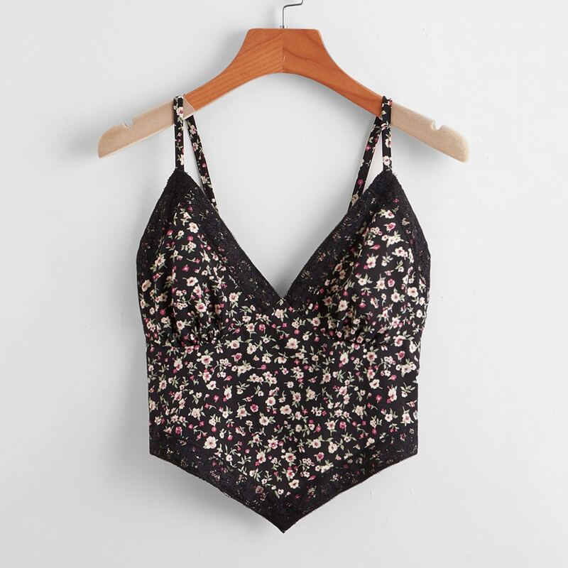 

Contrast Lace Ditsy Floral Shirred Cami, Black