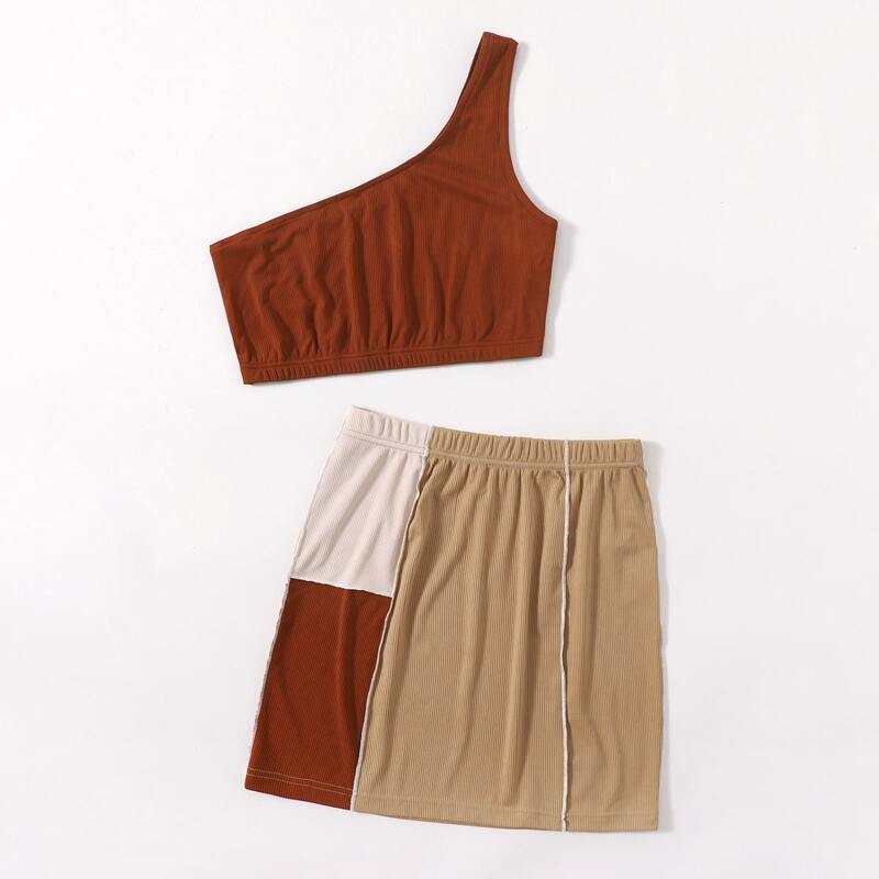

Solid Ribbed Crop Top & Colorblock Skirt, Multicolor