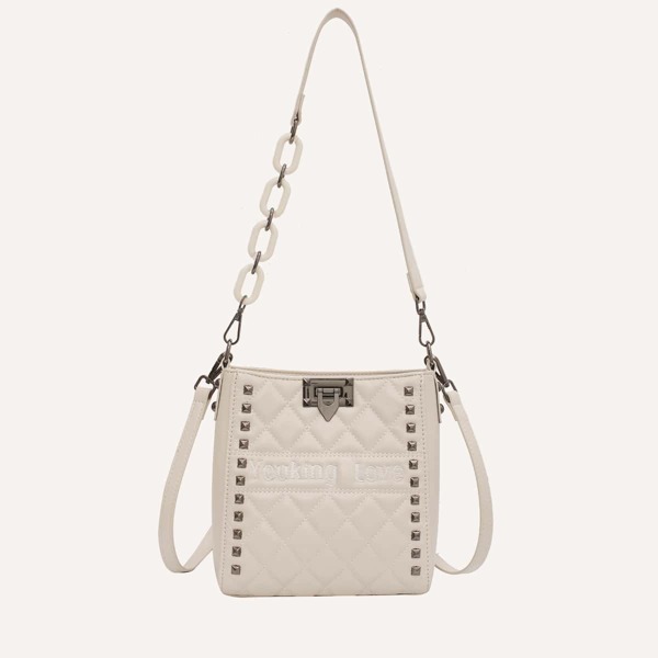 

Studded Decor Quilted Shoulder Bag, Beige