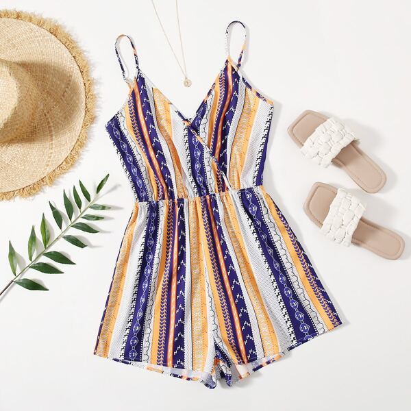 

Surplice Neck Graphic Print Cami Romper, Multicolor