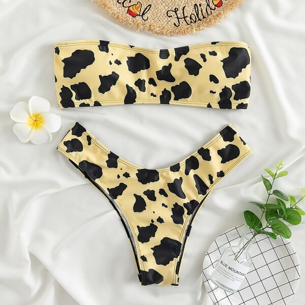 

Cow Print Bandeau Bikini Swimsuit, Multicolor