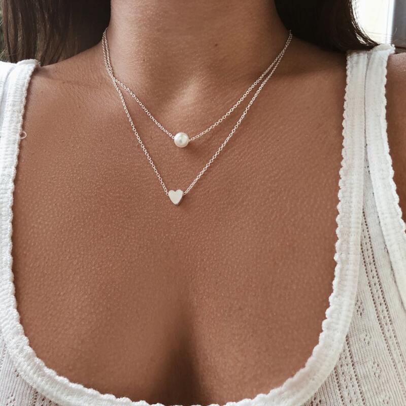 

Heart Double Layered Necklace, Silver