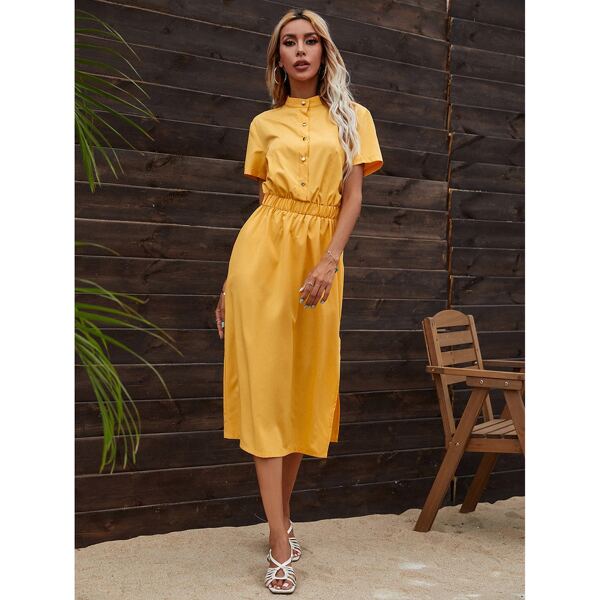 

Solid Button Front Mock Neck Dress, Yellow