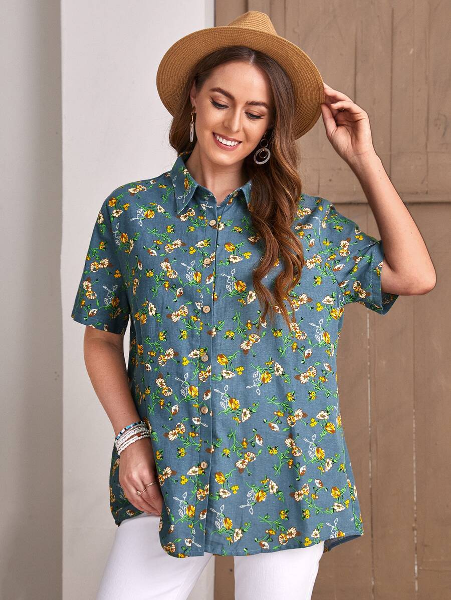 Áo sơ mi In hoa Nút Lên - Màu xanh bụi bặm - Xem 1