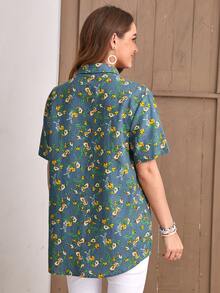 Áo sơ mi In hoa Nút Lên - Màu xanh bụi bặm - Xem 2