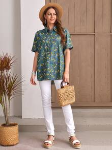 Áo sơ mi In hoa Nút Lên - Màu xanh bụi bặm - Xem 3