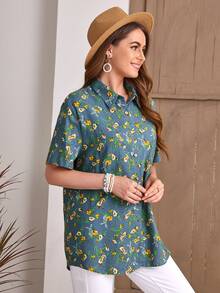 Áo sơ mi In hoa Nút Lên - Màu xanh bụi bặm - Xem 5