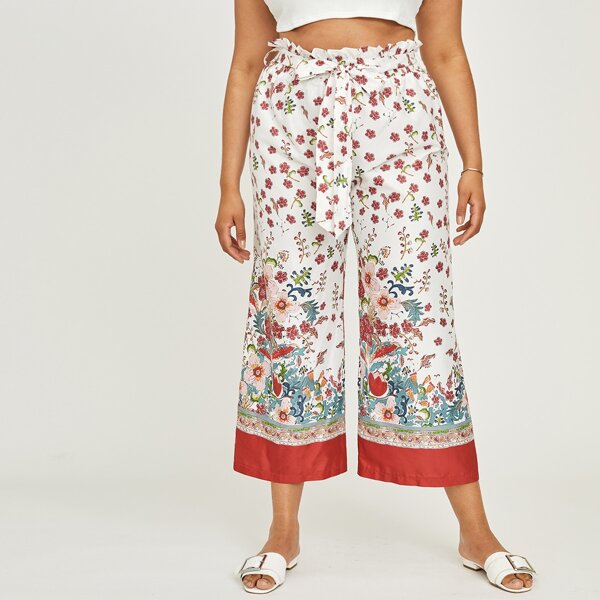 

Plus Floral Print Paperbag Belted Wide Leg Pants, Multicolor