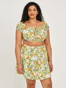 Plus Allover Floral Crop Top & Skirt - Multicolor - View 1
