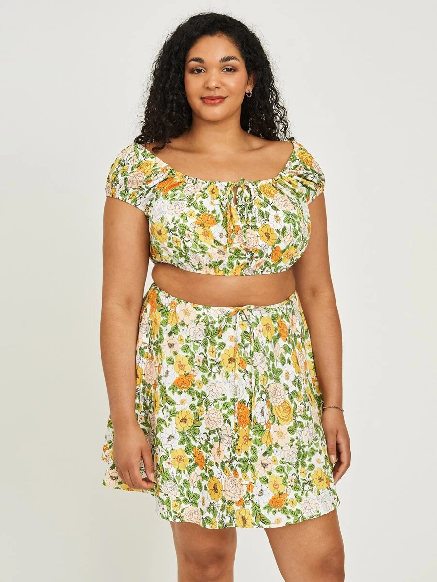 Plus Allover Floral Crop Top & Skirt - Multicolor - View 1