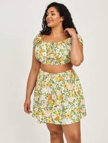 Plus Allover Floral Crop Top & Skirt - Multicolor - View 3