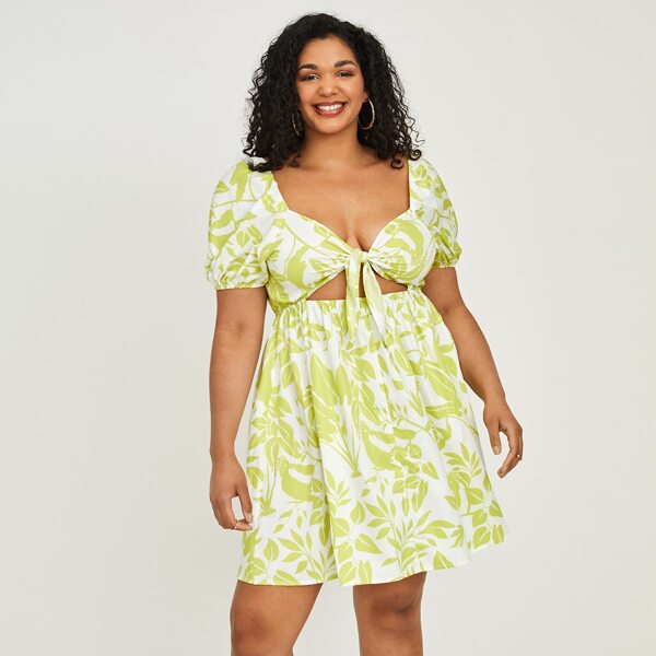

Plus Allover Plants Knot Cut Out A-line Dress, Multicolor